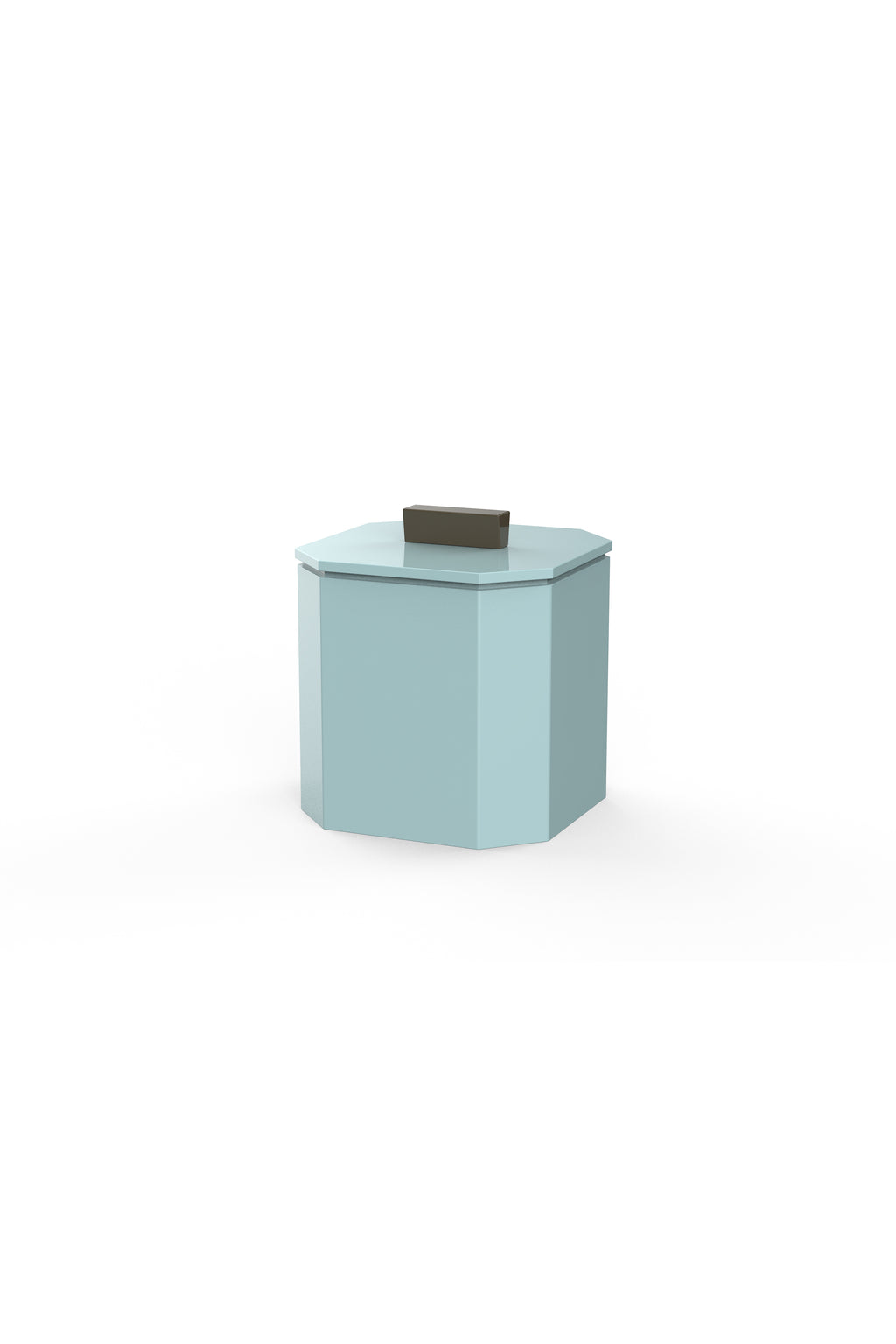 Vinidec octagonal lacquered ice bucket in baby blue with an espresso brown lid handle, isolated on a white studio background