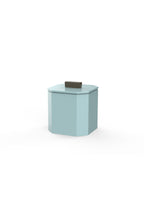 Vinidec octagonal lacquered ice bucket in baby blue with an espresso brown lid handle, isolated on a white studio background
